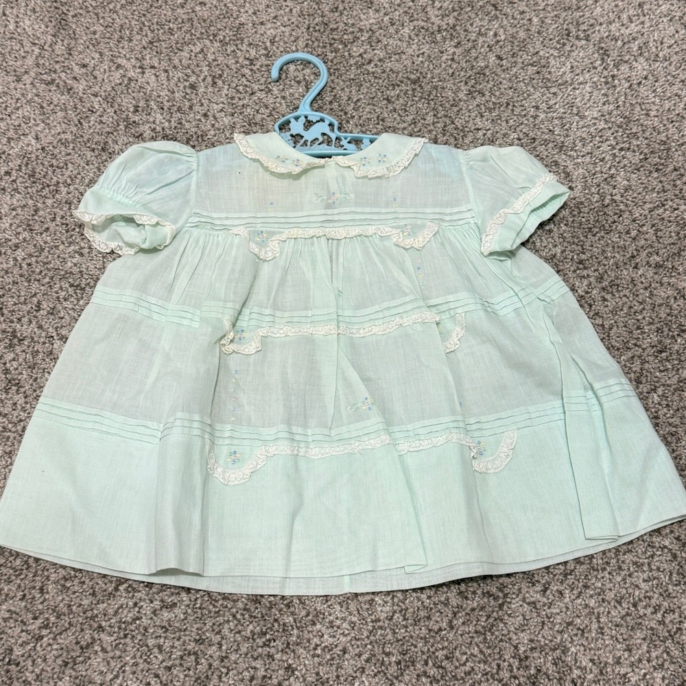 Vintage Baby Dress Lace Trim Embroidered Mint Green 6-12 Months Cotton Girl